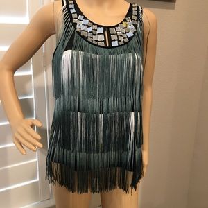 BEBE MIRROR YOKE FRINGE TOP SIZE S (NWOT)